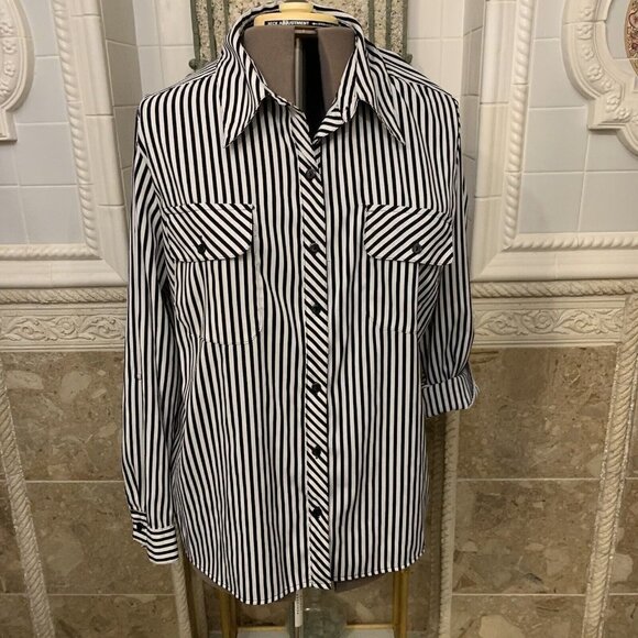 Unbranded. Sz 2X. Silky Shirt. Roll Tab Cuff. Stretch. Pockets. Stripe. B65 - Picture 1 of 5